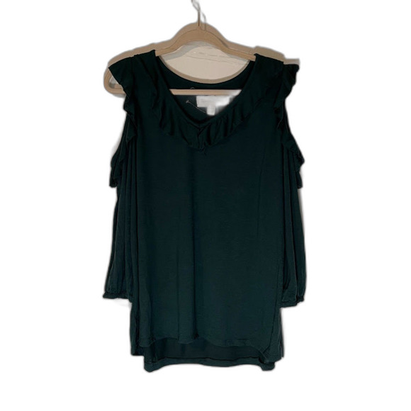 French Laundry Blouse 1X Forest Green Cold Shoulder 3/4 Sleeve Ruffles Bohochic - Picture 4 of 6